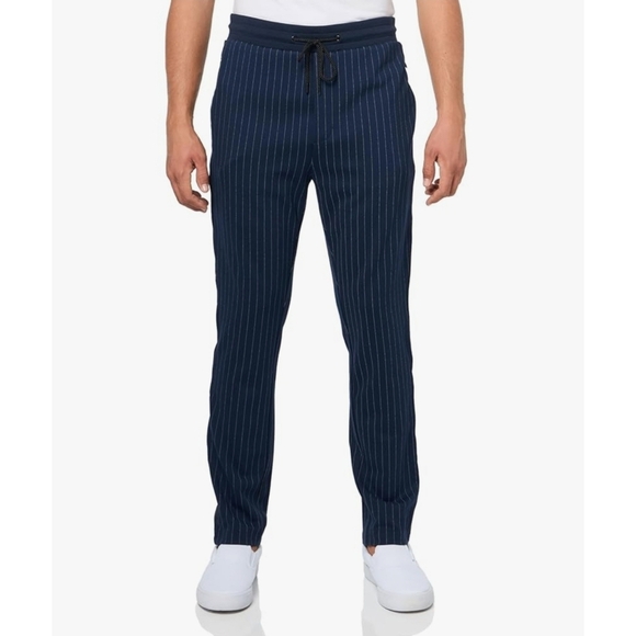NWT Karl Lagerfeld Pinstripe Track Jogger Pants  Gym Sport Navy Size Medium - Picture 1 of 16